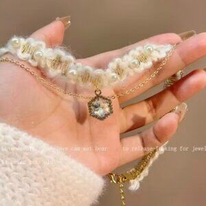 Handmade Gold-Plated Pearl Knit Choker with Crystal Hexagon Pendant